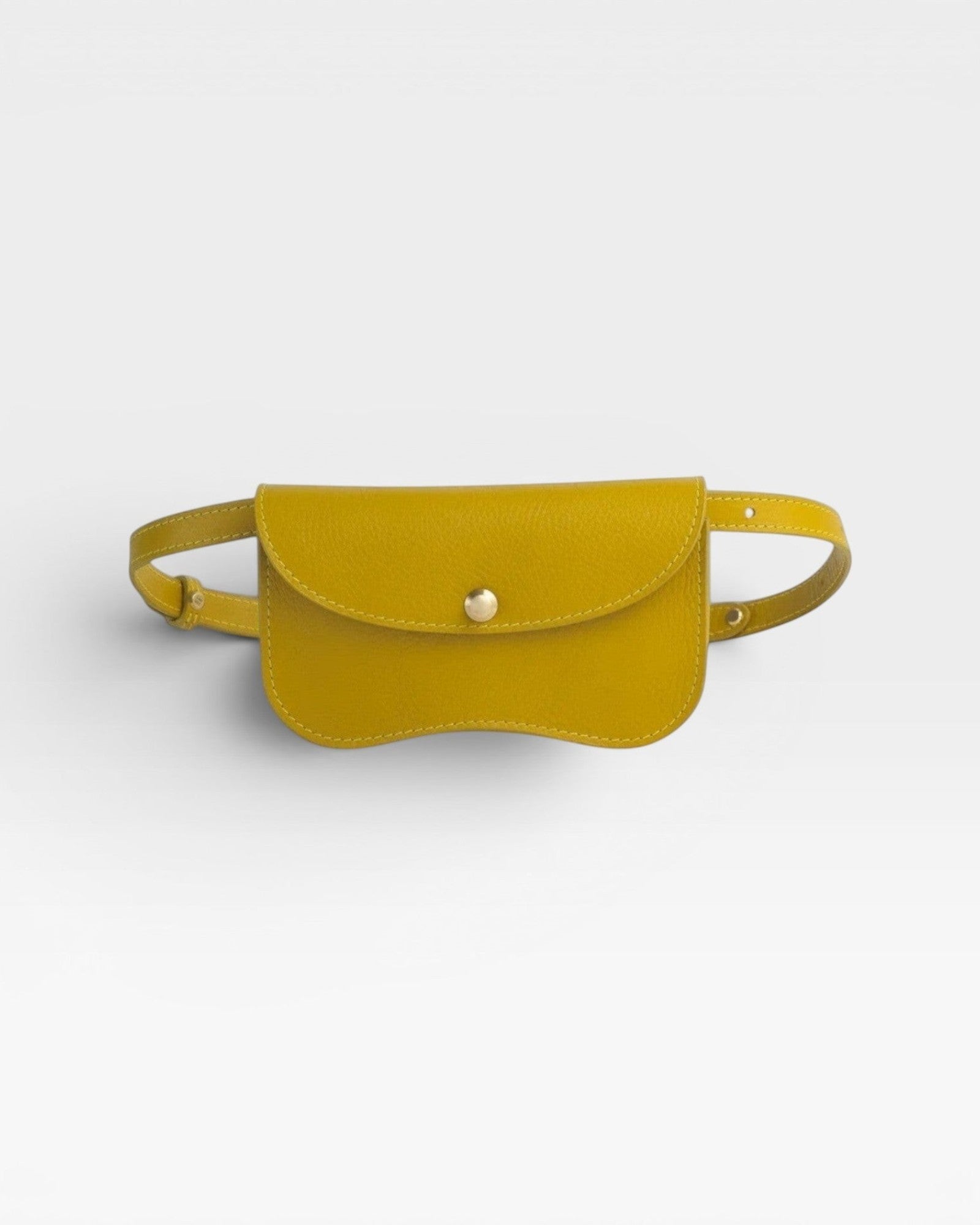 JONES + CO Faba Fanny Bag in chartreuse pebbled leather with brass snap closure and adjustable strap.