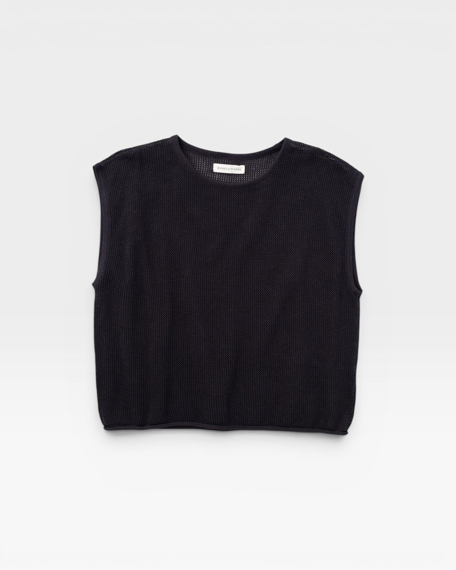 JONES + CO faded black boxy tank top in an airy fine mesh knit with refined trim details.