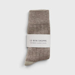 JONES + CO fawn cashmere blend socks with wide ribbing and a tonal contrasting heel and toe detail.