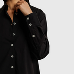 JONES + CO Felicia black cotton poplin shirt dress with button-front detail and long sleeves