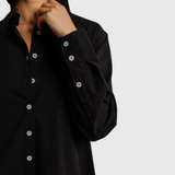 JONES + CO Felicia black cotton poplin shirt dress with button-front detail and long sleeves