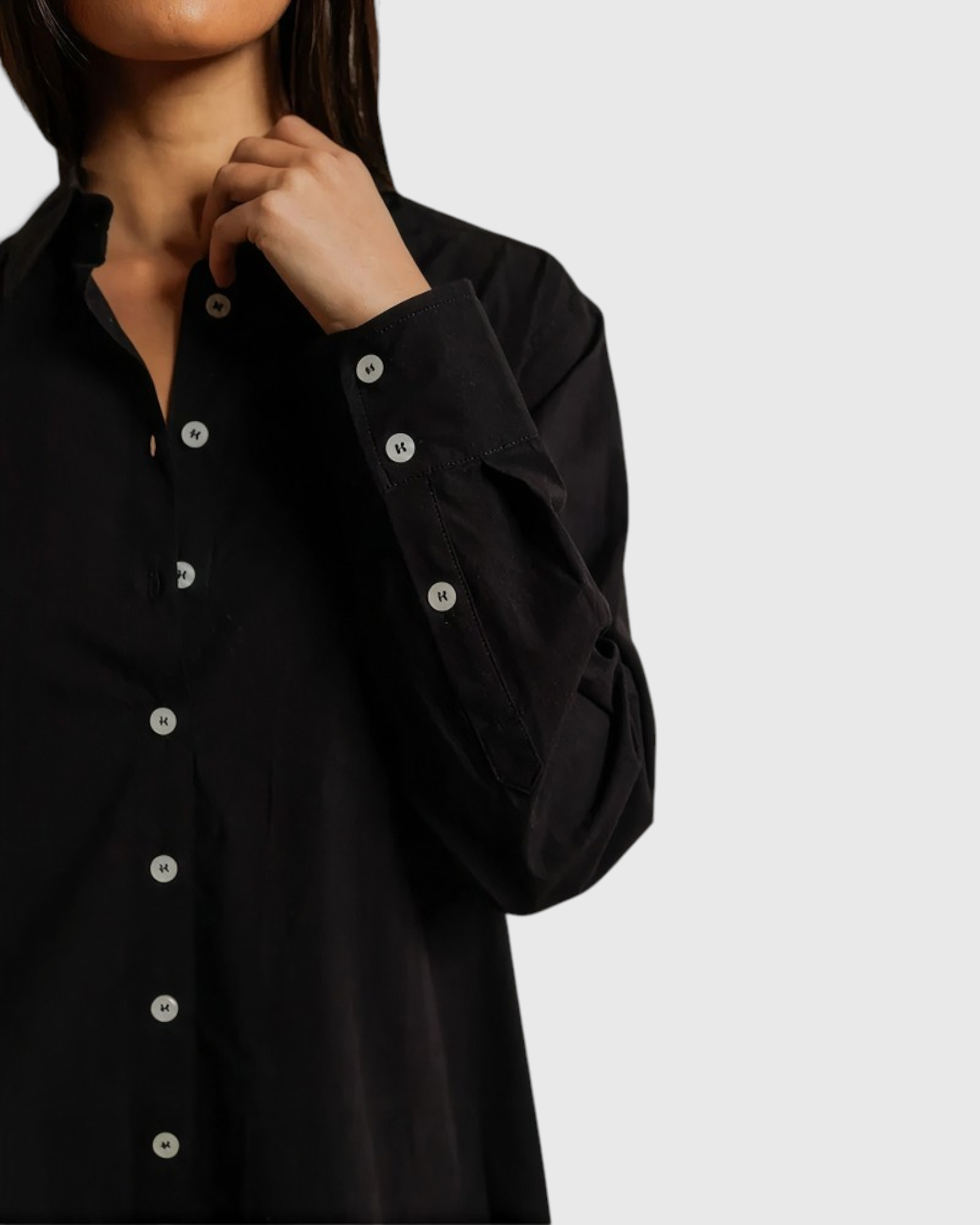 JONES + CO Felicia black cotton poplin shirt dress with button-front detail and long sleeves