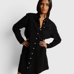 JONES + CO Felicia black poplin shirt dress in lightweight cotton with a button-front and relaxed silhouette