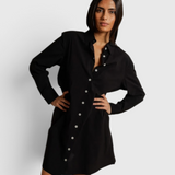 JONES + CO Felicia black poplin shirt dress in lightweight cotton with a button-front and relaxed silhouette