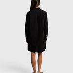 JONES + CO Felicia black cotton poplin shirt dress, back view showing relaxed fit and button-cuff sleeves
