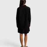 JONES + CO Felicia black cotton poplin shirt dress, back view showing relaxed fit and button-cuff sleeves