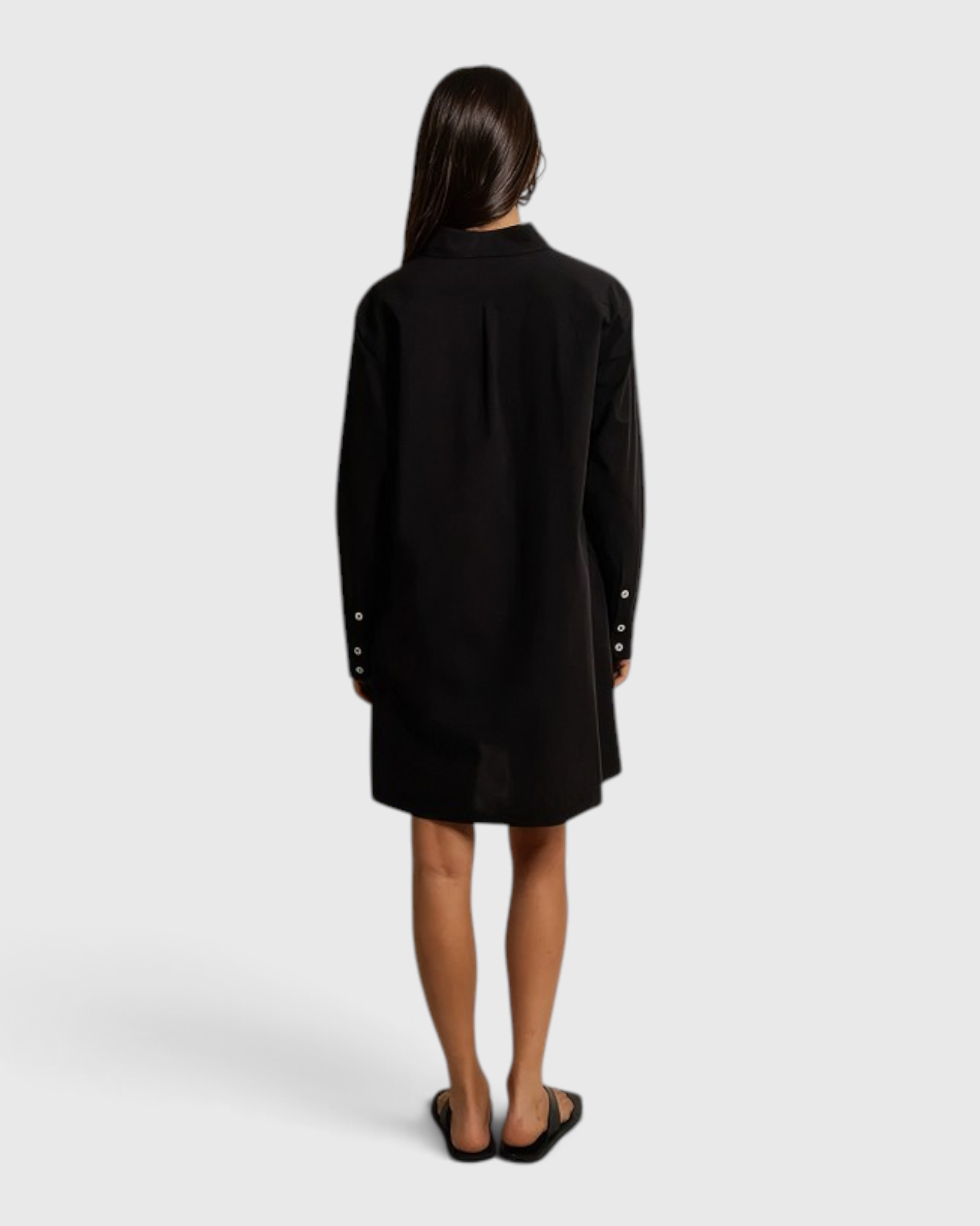 JONES + CO Felicia black cotton poplin shirt dress, back view showing relaxed fit and button-cuff sleeves