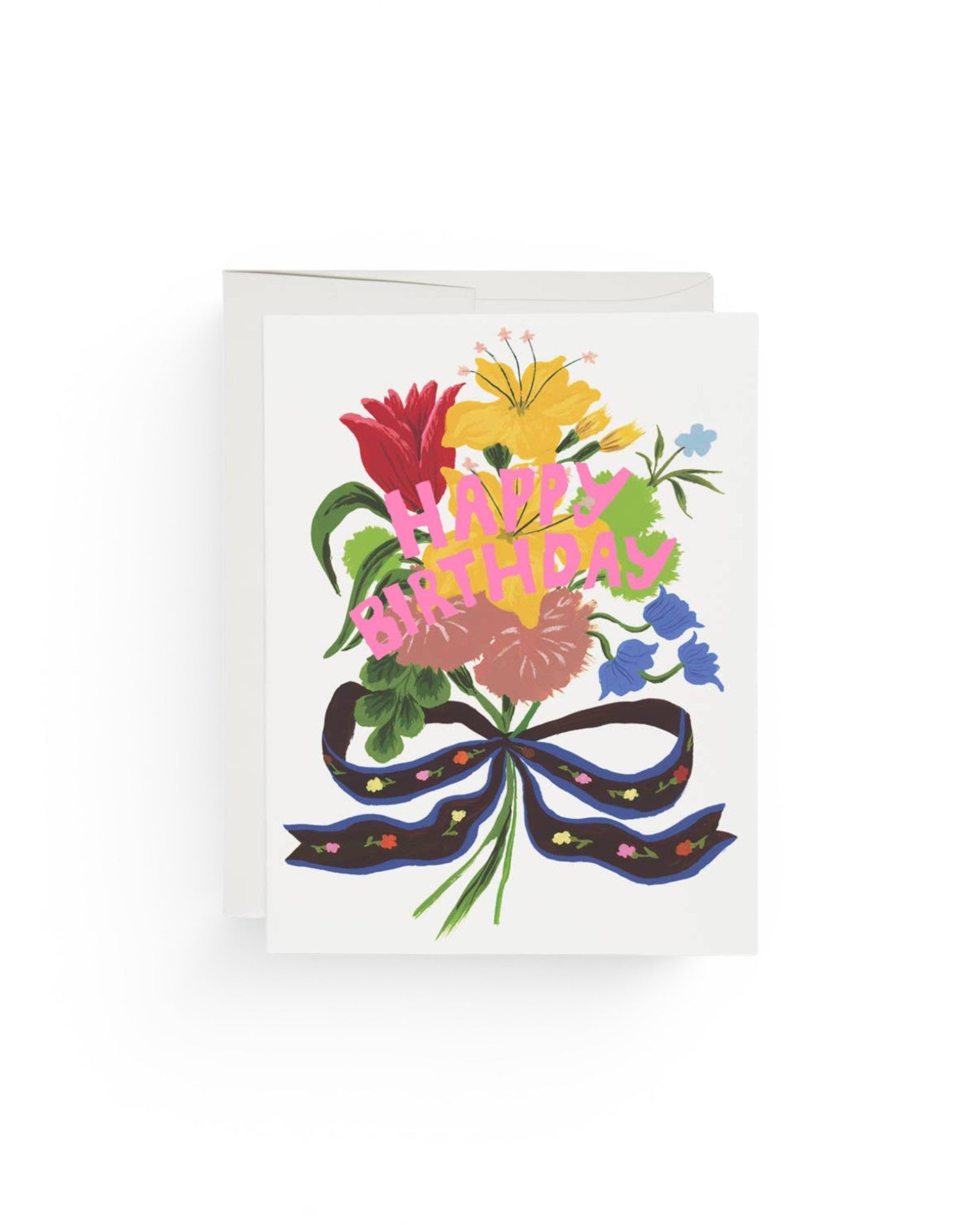 JONES + CO Picked For You birthday card featuring a colourful floral bouquet illustration with a black ribbon