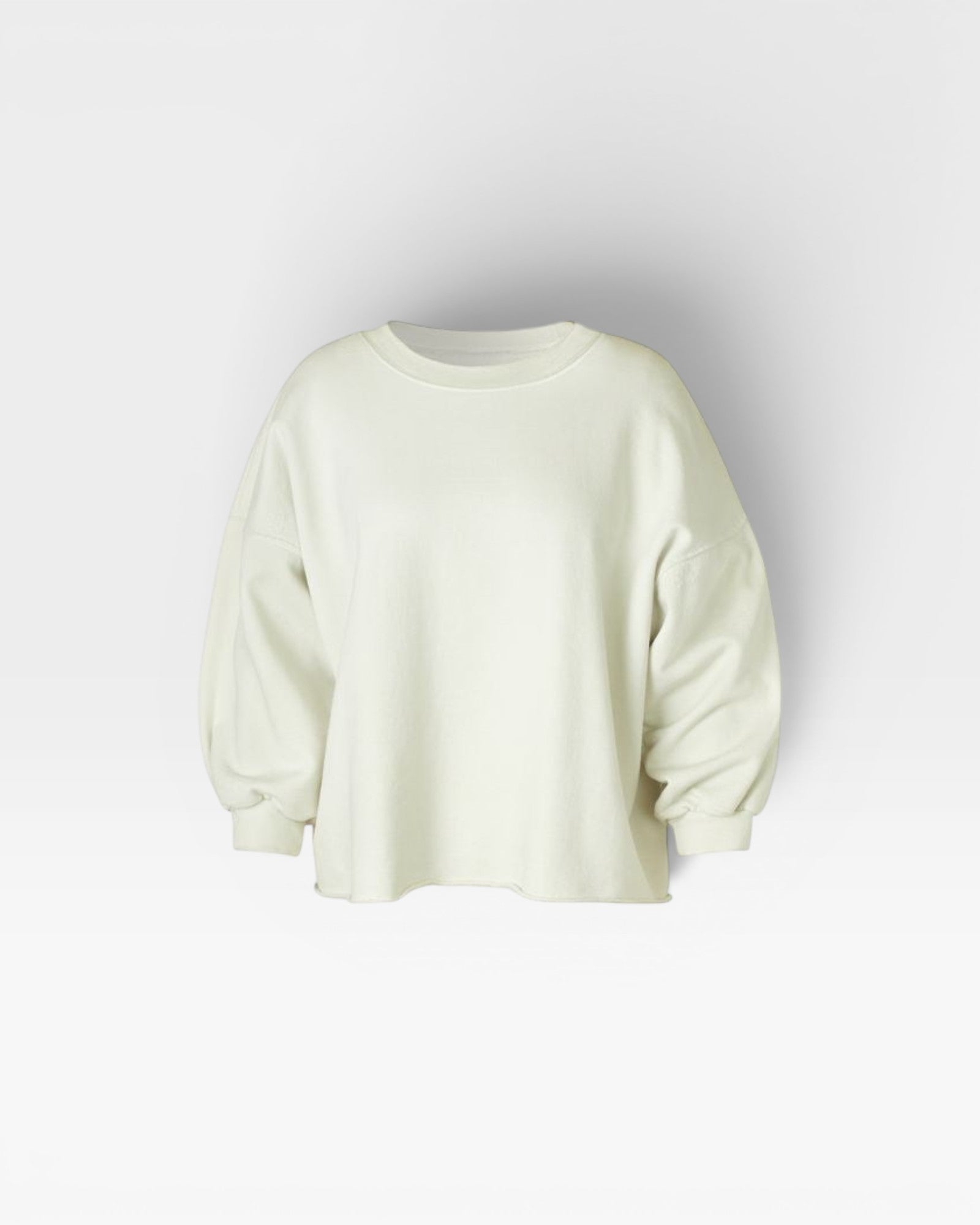 JONES + CO Fond Sweatshirt in dirty white cotton, featuring drop shoulders, raw hem, and distressed details.