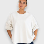 JONES + CO Rachel Comey Fond crewneck sweatshirt in dirty white with drop shoulders and raw edge hemline