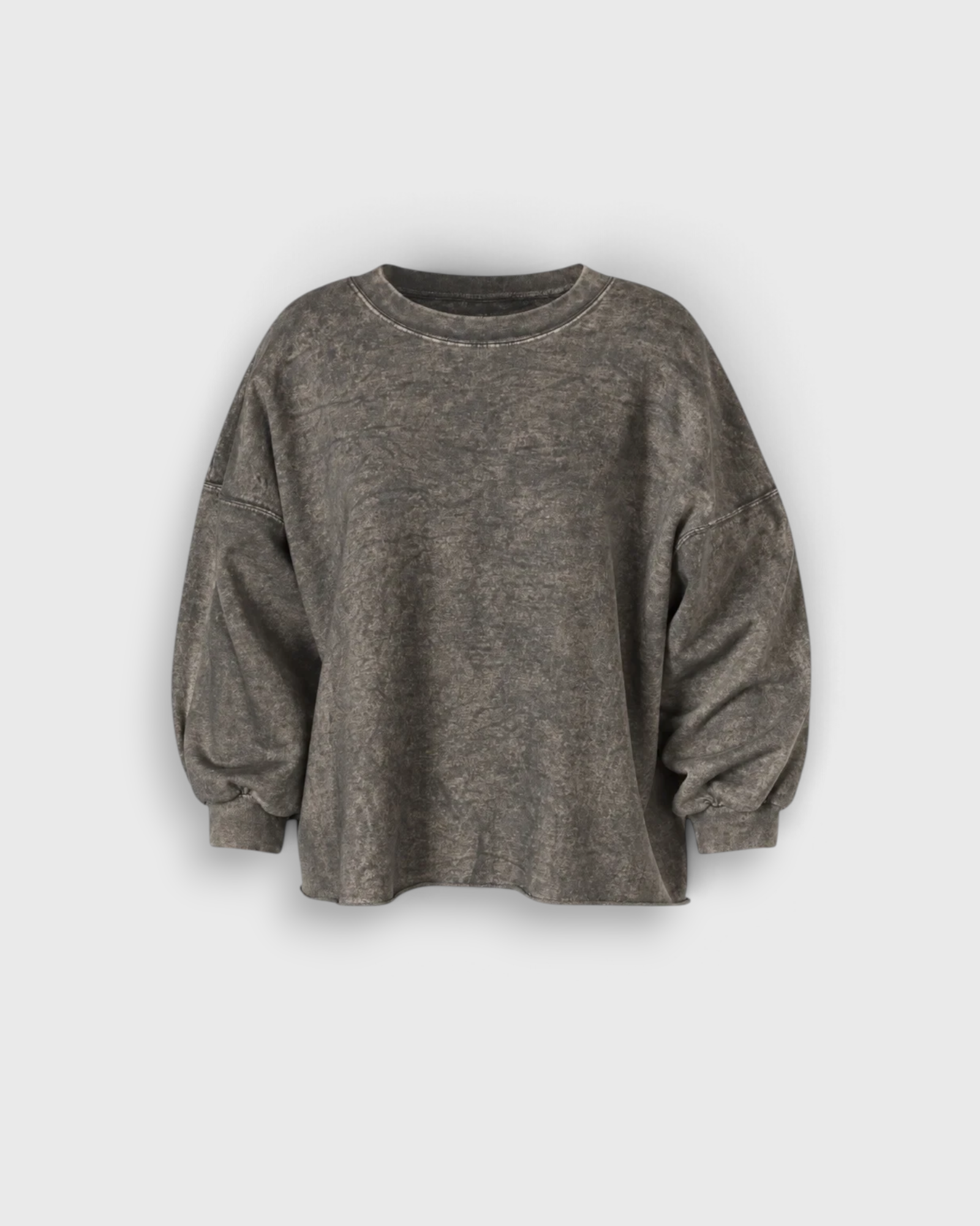 JONES + CO Rachel Comey Fond cropped crewneck sweatshirt in smoky hazelnut acid-wash cotton with raw-edge hem.
