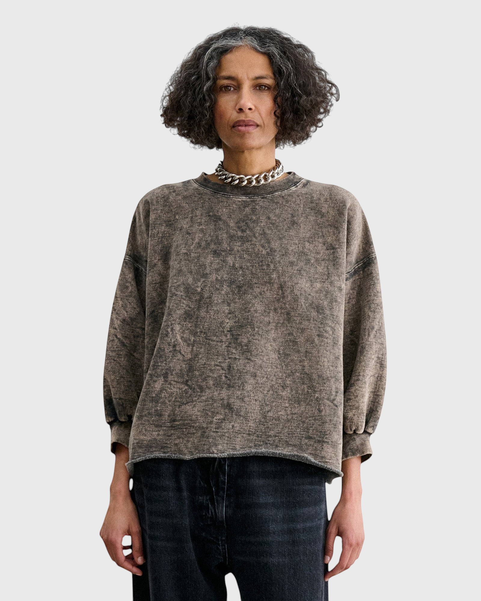 JONES + CO Rachel Comey Fond sweatshirt in smoky hazelnut acid-overdyed cotton with raw-edge hem and dropped shoulders.