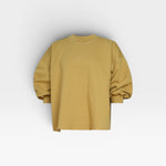 JONES + CO Fond Sweatshirt in tapenade yellow. Crewneck, drop shoulders, raw hem, and distressed details.