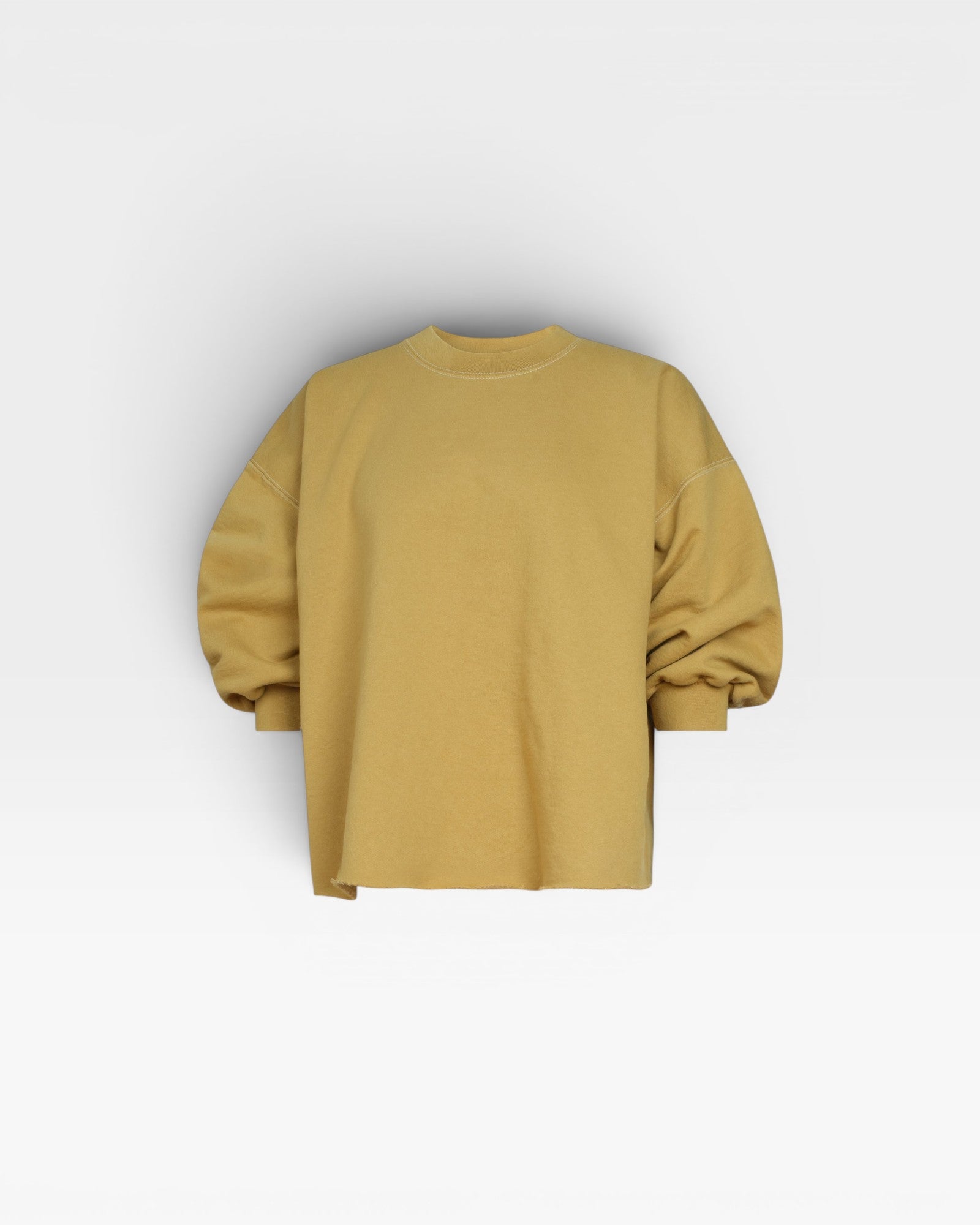 JONES + CO Fond Sweatshirt in tapenade yellow. Crewneck, drop shoulders, raw hem, and distressed details.