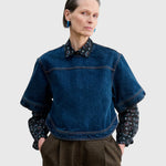 JONES + CO Fort Top in muddy indigo denim with a boxy silhouette, short sleeves, and back keyhole detail.