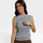 JONES + CO Fran Polo Tank in heather grey, a sleeveless knit top with a pointelle texture and ribbed hem.