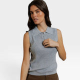 JONES + CO Fran Polo Tank in heather grey, a sleeveless knit top with a pointelle texture and ribbed hem.