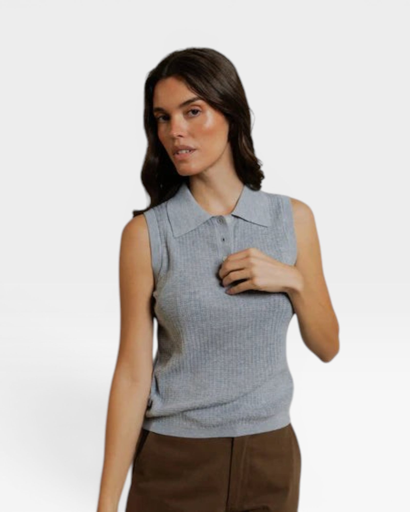 JONES + CO Fran Polo Tank in heather grey, a sleeveless knit top with a pointelle texture and ribbed hem.