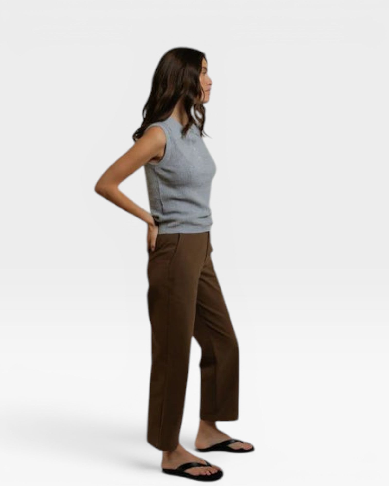 JONES + CO Fran Polo Tank in heather grey pointelle knit sweater. Sleeveless, bra-friendly design with ribbed hem.