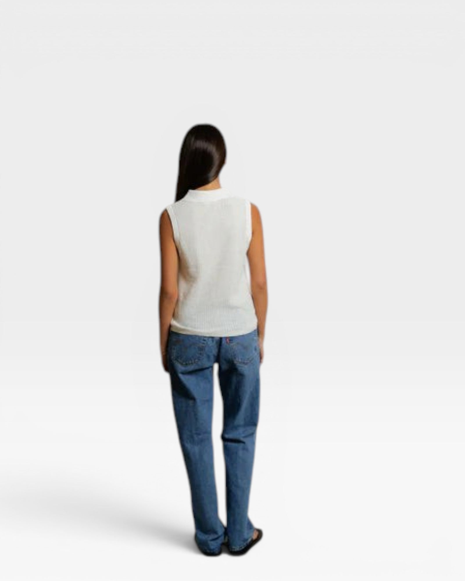 JONES + CO Fran Polo Tank - White, sleeveless pointelle knit sweater with ribbed hem.