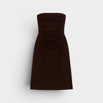 JONES + CO Gaia strapless midi dress in espresso brown with ruched detailing and sweetheart neckline.