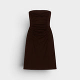 JONES + CO Gaia strapless midi dress in espresso brown with ruched detailing and sweetheart neckline.