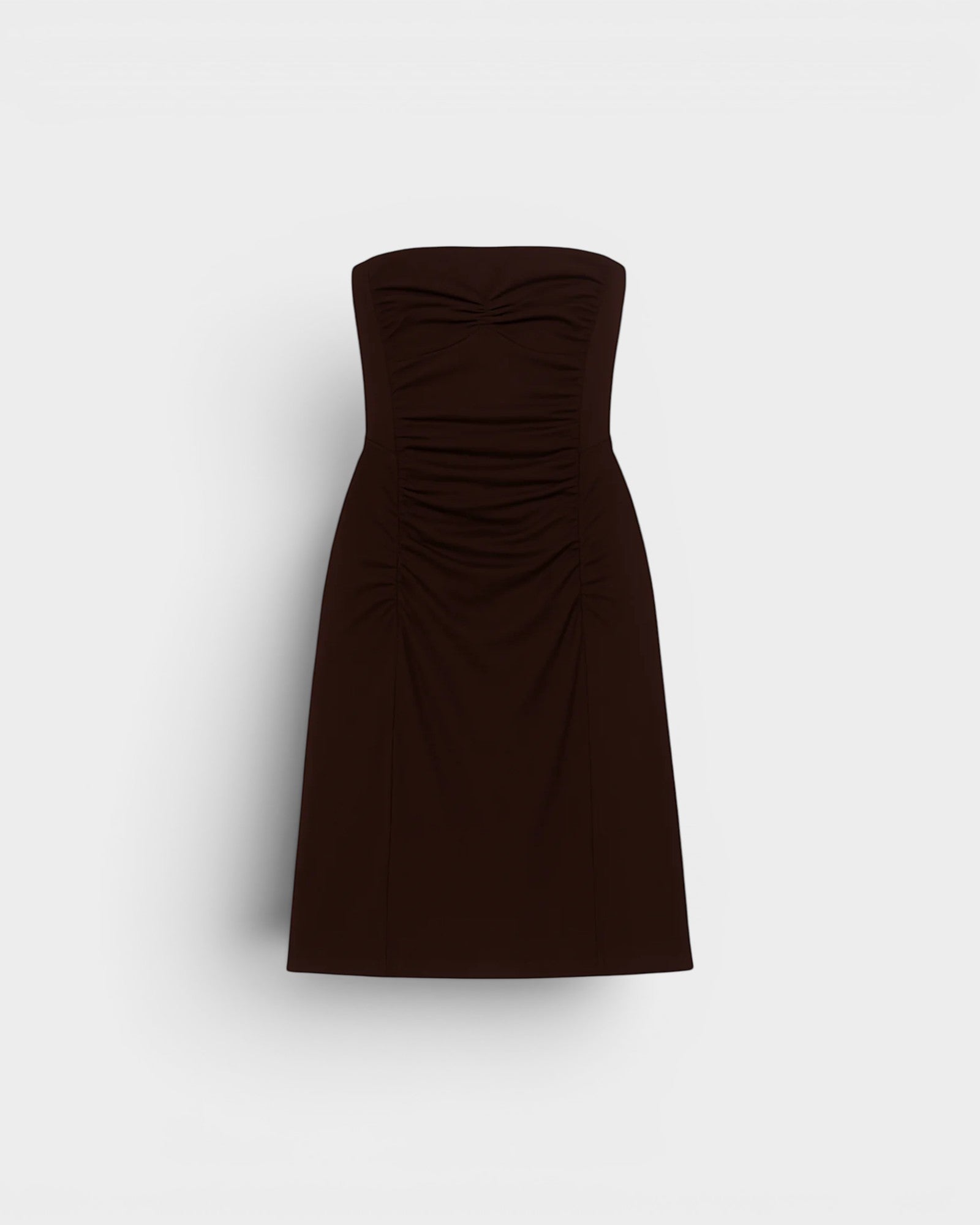 JONES + CO Gaia strapless midi dress in espresso brown with ruched detailing and sweetheart neckline.