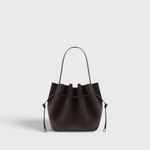 JONES + CO Mini Scallop Tote in dark brown ganache suede with a sculptural silhouette and silver-tone hardware.