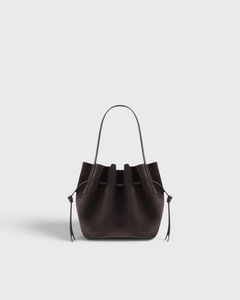 JONES + CO Mini Scallop Tote in dark brown ganache suede with a sculptural silhouette and silver-tone hardware.
