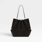 JONES + CO Scallop Tote in rich ganache brown suede with a spacious design and elegant scalloped top edge.