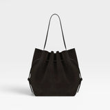 JONES + CO Scallop Tote in rich ganache brown suede with a spacious design and elegant scalloped top edge.