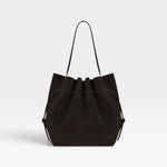 JONES + CO Scallop Tote in rich ganache brown suede with a spacious design and elegant scalloped top edge.