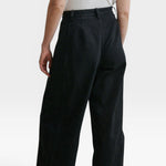 JONES + CO Garra high-waisted black denim jeans with a relaxed wide-leg fit and contrast side panels, back view.
