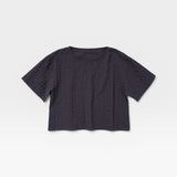 JONES + CO Georgia Tee in faded black crinkle seersucker cotton with a boxy cropped fit and rounded neckline.