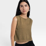 Model wearing a JONES + CO ginger boucle crop tank with delicate hand crochet edge detail on a white background.