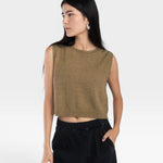 JONES + CO ginger boucle crop tank top with hand crochet edge detail worn by a model
