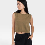 JONES + CO ginger boucle crop tank top with hand crochet edge detail worn by a model