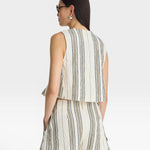 JONES + CO Godet Stripe Tank in cream with vertical stripes and textured fabric. Sleeveless, cropped style.