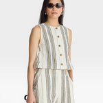 JONES + CO Godet Stripe Tank in off-white with brown and grey vertical stripes, button front, and textured fabric.
