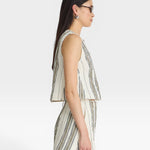 JONES + CO Godet tank top and shorts set in affogato stripe pattern. Sleeveless cropped top and high-waisted shorts.