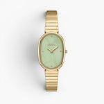 JONES + CO Jane watch featuring a gold-plated oval case, mint green dial, and matching gold stainless steel bracelet.