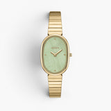 JONES + CO Jane watch featuring a gold-plated oval case, mint green dial, and matching gold stainless steel bracelet.