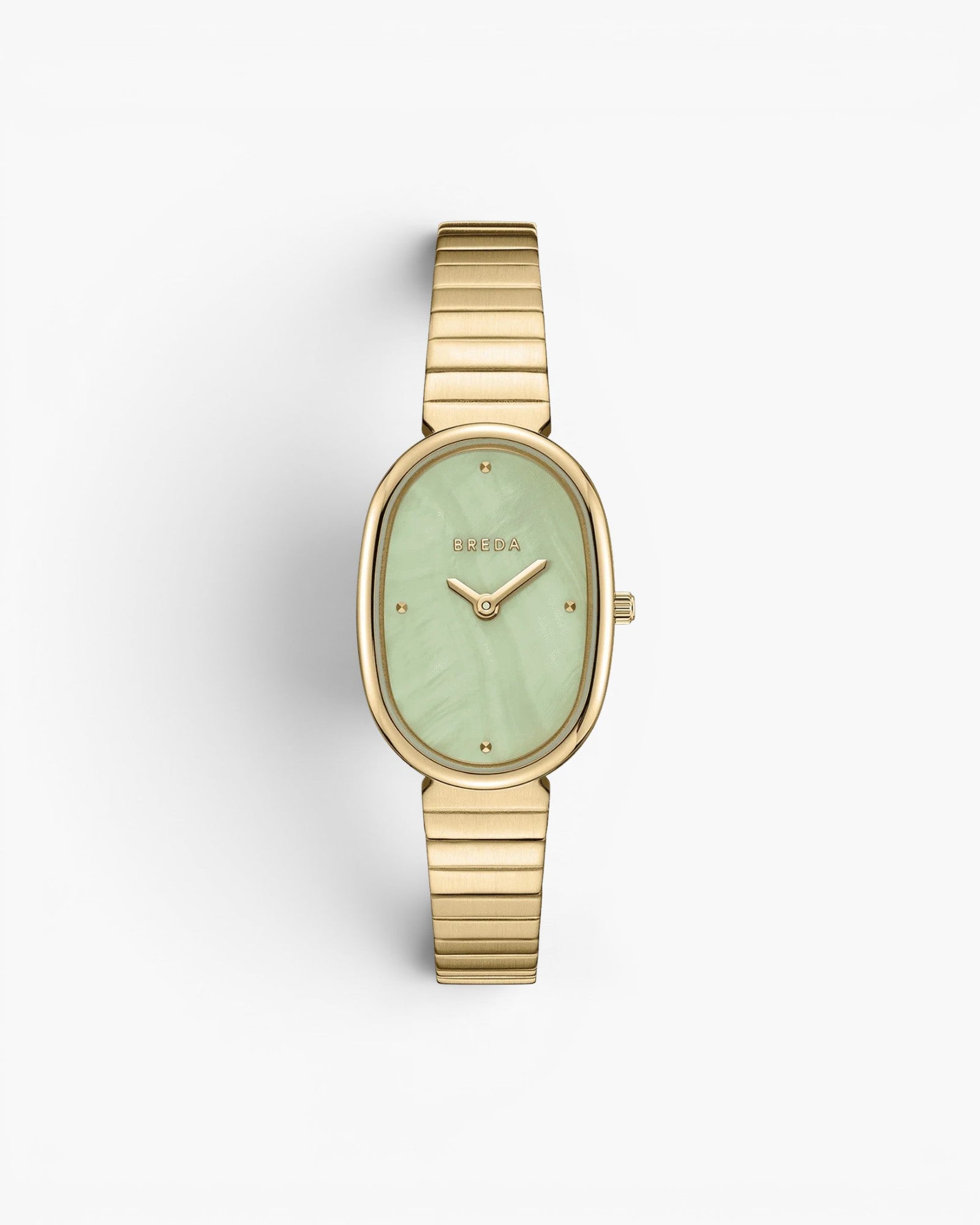 JONES + CO Jane watch featuring a gold-plated oval case, mint green dial, and matching gold stainless steel bracelet.