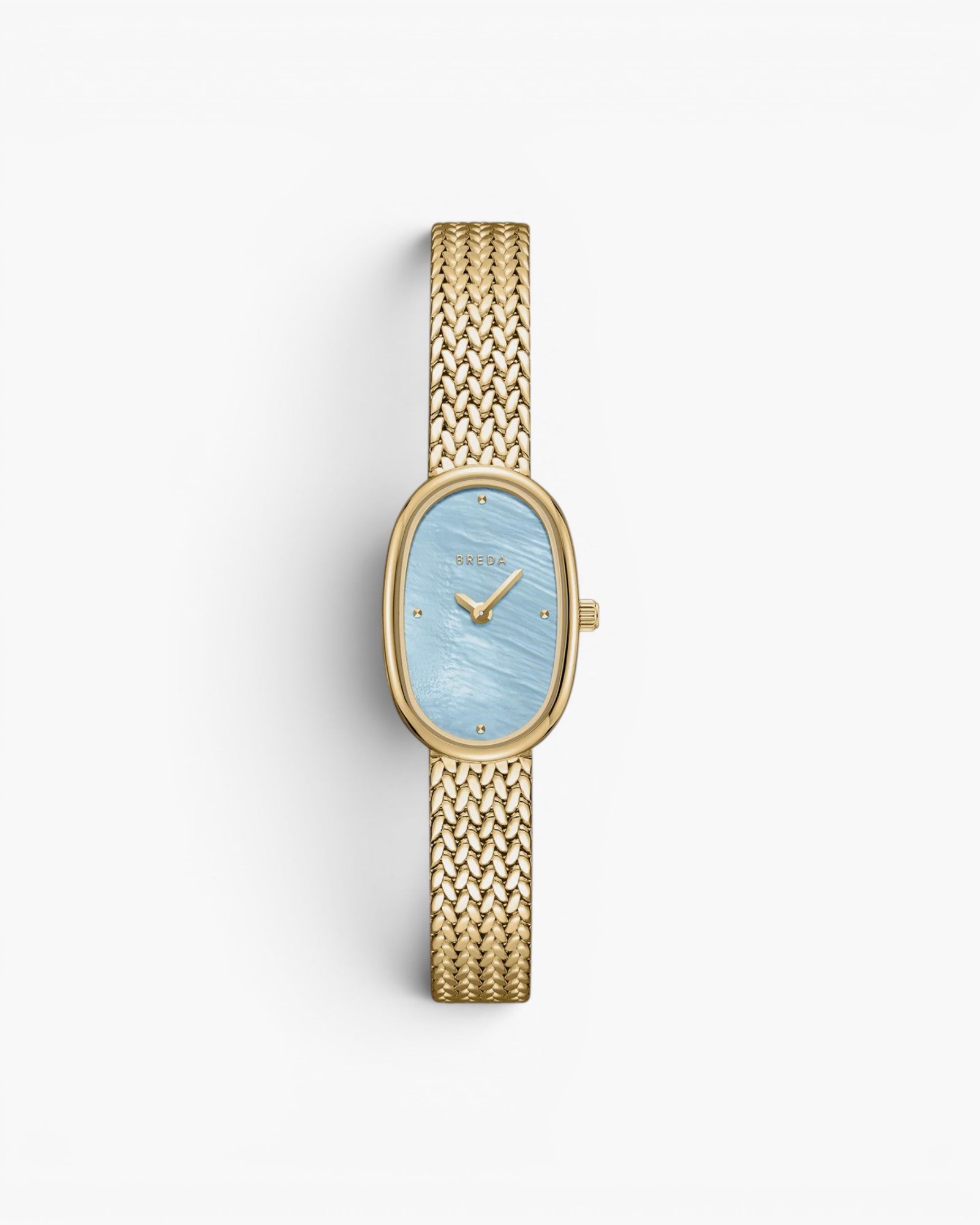 JONES + CO Jane Small watch with a gold woven mesh bracelet and an oval sky blue mother of pearl dial.