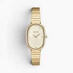 JONES + CO Jane watch with a 23mm gold oval case, ivory mother of pearl dial, and gold-plated stainless steel band.