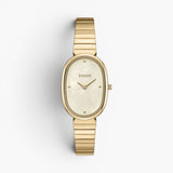JONES + CO Jane watch with a 23mm gold oval case, ivory mother of pearl dial, and gold-plated stainless steel band.