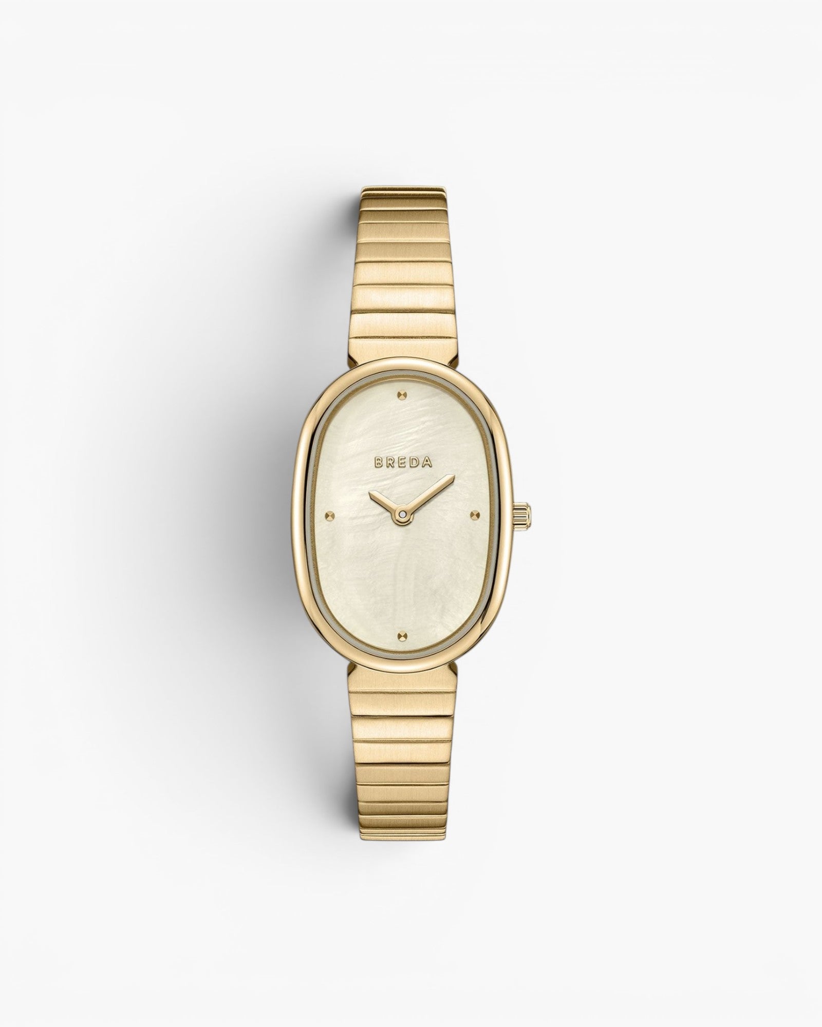 JONES + CO Jane watch with a 23mm gold oval case, ivory mother of pearl dial, and gold-plated stainless steel band.