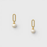 JONES + CO gold paper clip link earrings featuring luminous white pebble pearl drops on surgical steel posts.