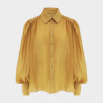 JONES + CO gold sheer crinkled texture button-up shirt with voluminous sleeves and pointed collar
