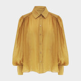JONES + CO gold sheer crinkled texture button-up shirt with voluminous sleeves and pointed collar
